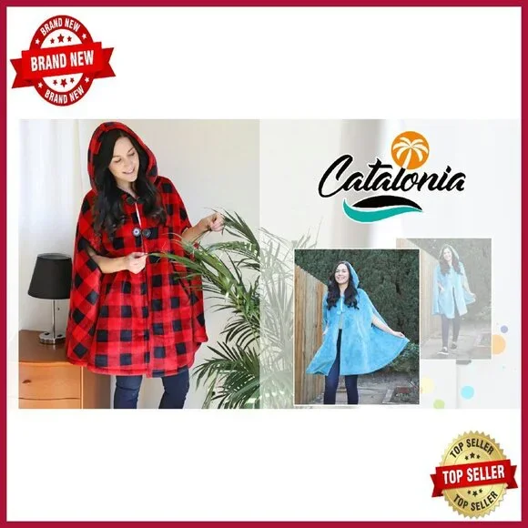 Oversized Sherpa Fleece Hooded Poncho Cape Wearable Blanket One Size - Picture 8 of 8